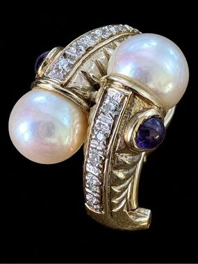 14K yellow gold 585 4.3 grams single earring diamond amethyst pearl